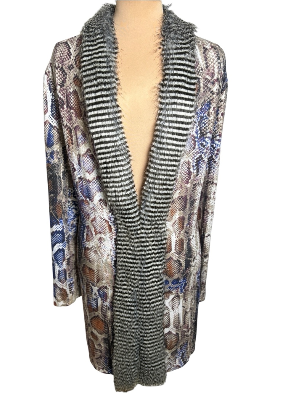 Alberto Makali Animal Print Cardigan XL Faux Fur Trim Open Front Sweater